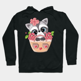 Cute raccoon sitting in a basket with flowers. Hoodie